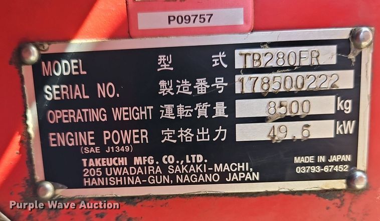 image for item EI3803 2016 Takeuchi TB280FR mini excavator