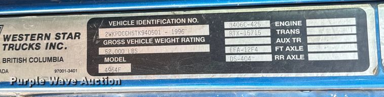 image for item EJ2722 1996 Western Star 4900 dump truck