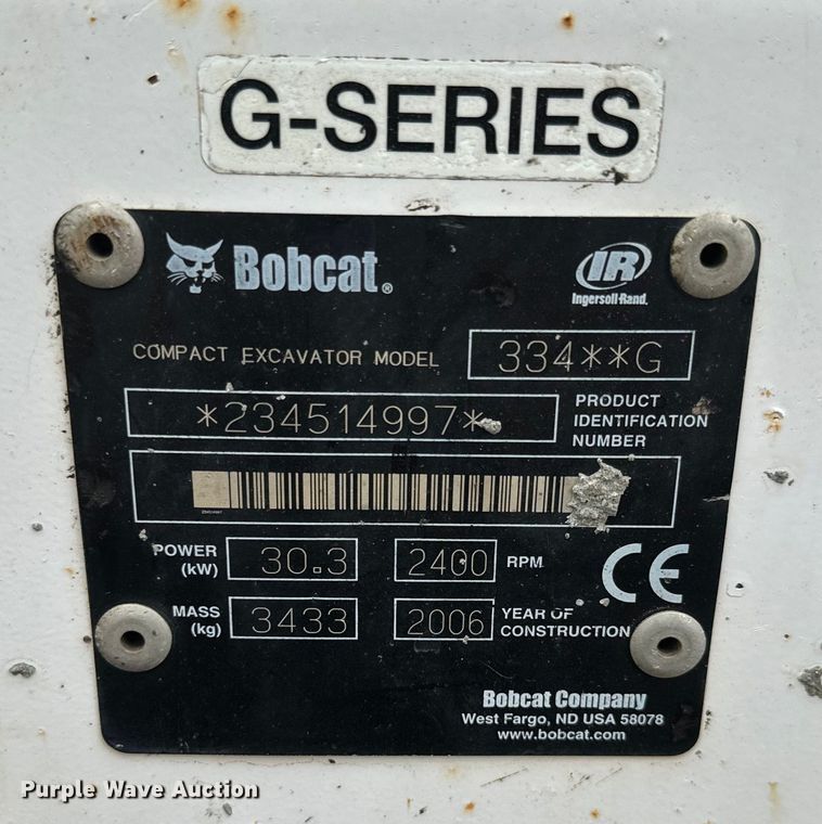 image for item EJ2742 2006 Bobcat  334G mini excavator