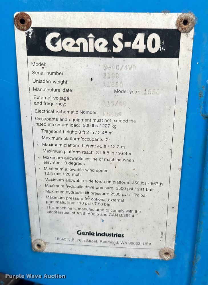 image for item EJ2746 1998 Genie S-40 boom lift