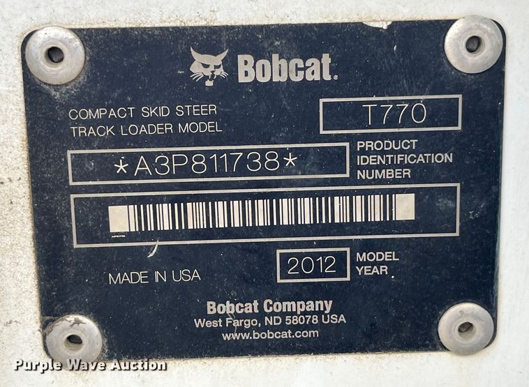 image for item LD9511 2012 Bobcat T770 tracked skid steer loader