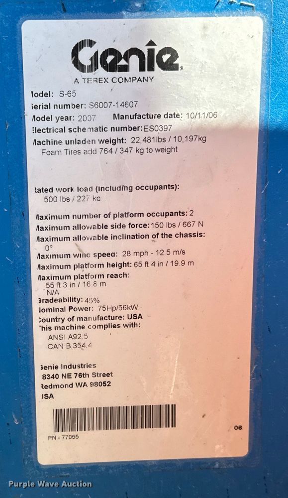 image for item NL9816 2007 Genie S-65 boom lift