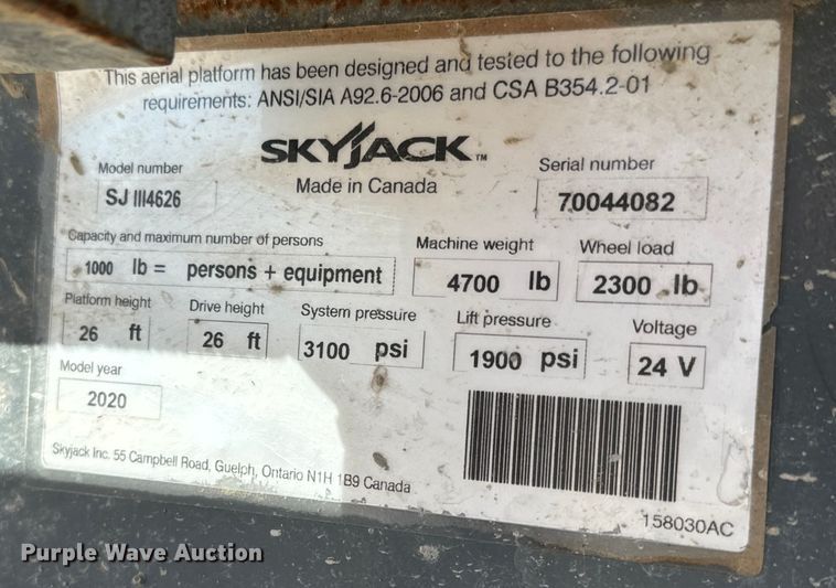 image for item NL9818 2020 Skyjack SJ III4626 scissor lift