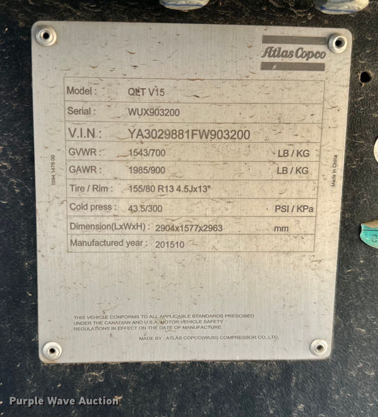 image for item NT9193 2015 Atlas Copco QLT V15 light plant