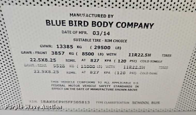 image for item DM1610 2015 Blue Bird  Vision school bus