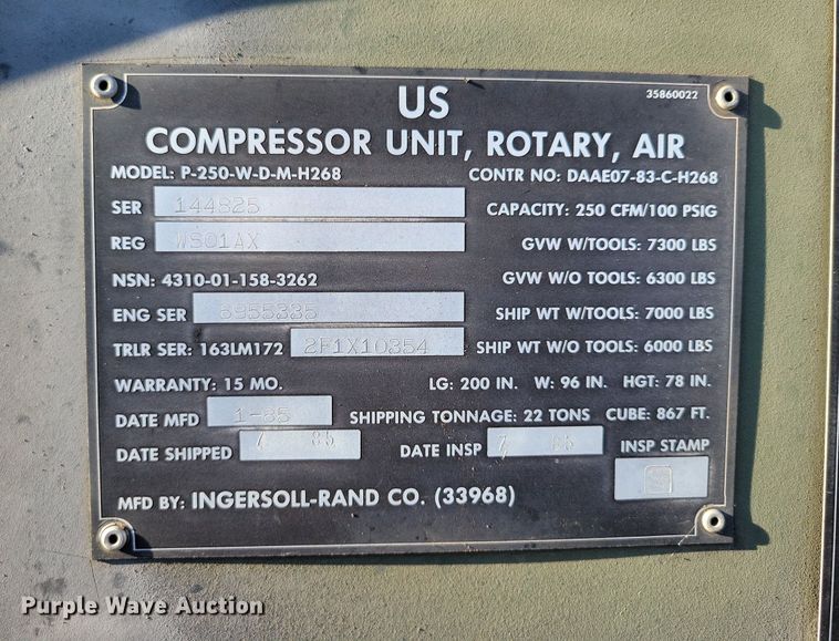 image for item DP1465 1985 Ingersoll Rand P-250-W-D-M-H268 air compressor