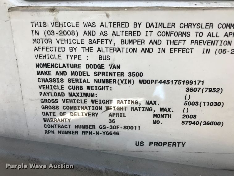 image for item DQ6099 2007 Dodge Sprinter 3500 prisoner transport van