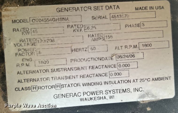 image for item EG0335 2006 Generac QT04554GNSNA generator