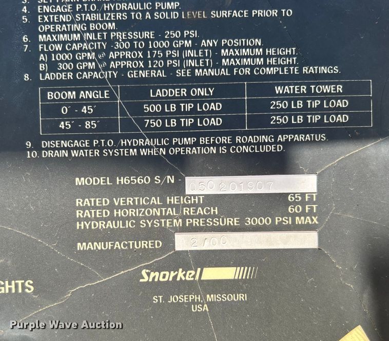 image for item EG0389 2000 Pierce Telesquirt 65 Aerial Ladder ladder fire truck