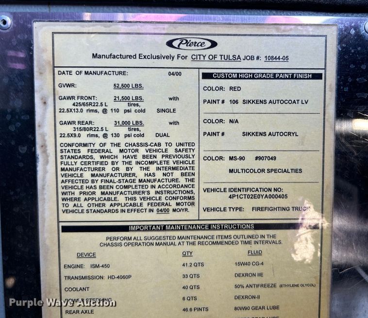 image for item EG0389 2000 Pierce Telesquirt 65 Aerial Ladder ladder fire truck