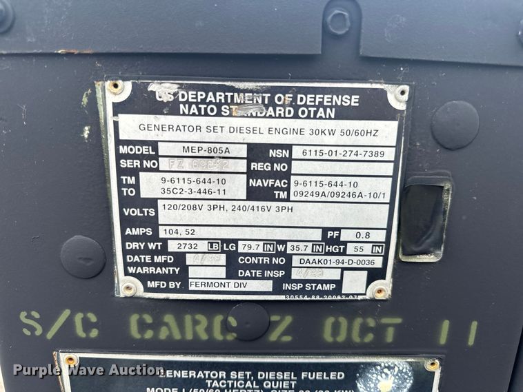 image for item EH6789 1998 Fermont Division MEP-805A generator