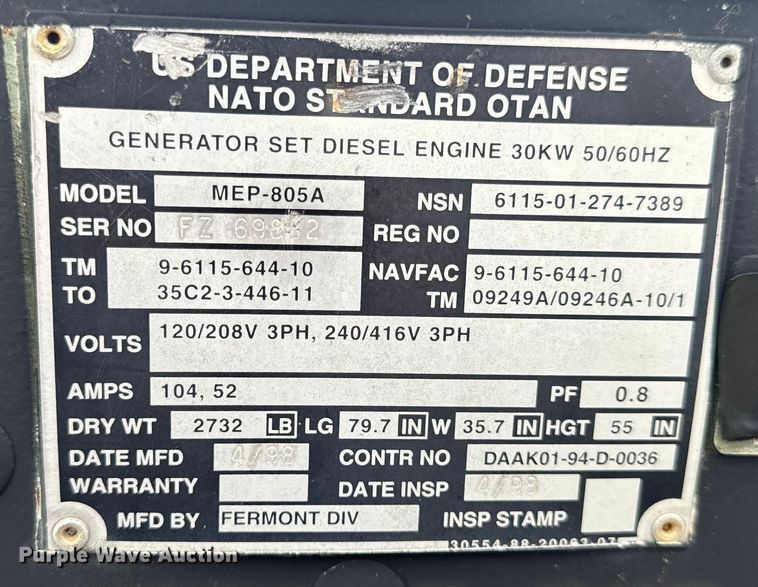 image for item EH6789 1998 Fermont Division MEP-805A generator