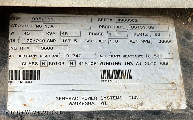 image for item NR9891 2008 Generac Power Guardian Elite generator
