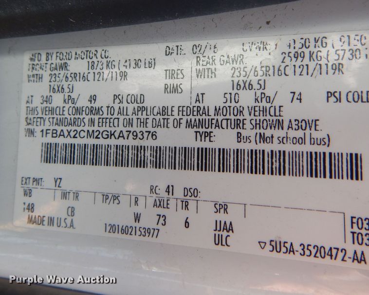 image for item NU9797 2016 Ford Transit 350 van