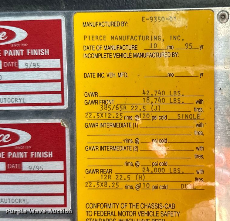 image for item OI9108 1995 Pierce pumper fire truck