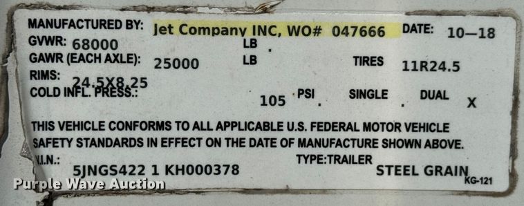 image for item DX0515 2019 JETCO KG-121 grain trailer