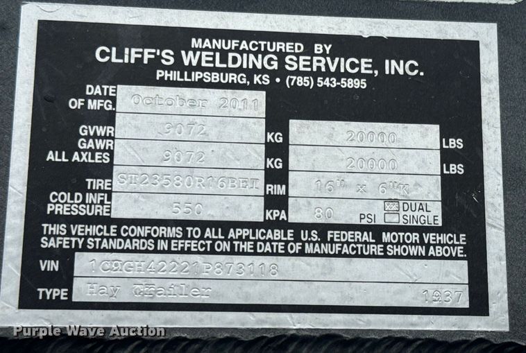 image for item EJ2803 2011 Cliff's Welding Service 1937 bale flipper trailer