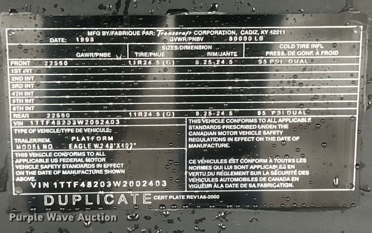 image for item EG1579 1998 Transcraft flatbed trailer