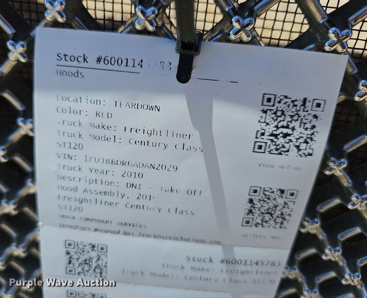 image for item EJ5420 2010 Freightliner  Century Class truck hood