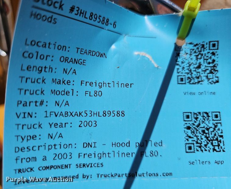 image for item EJ5422 2003 Freightliner FL80 truck hood