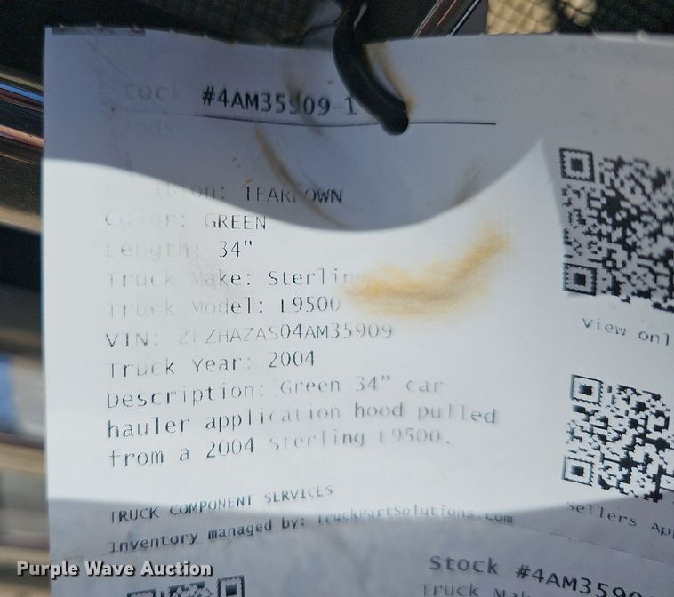 image for item EJ5426 2004 Sterling  L9500 truck hood