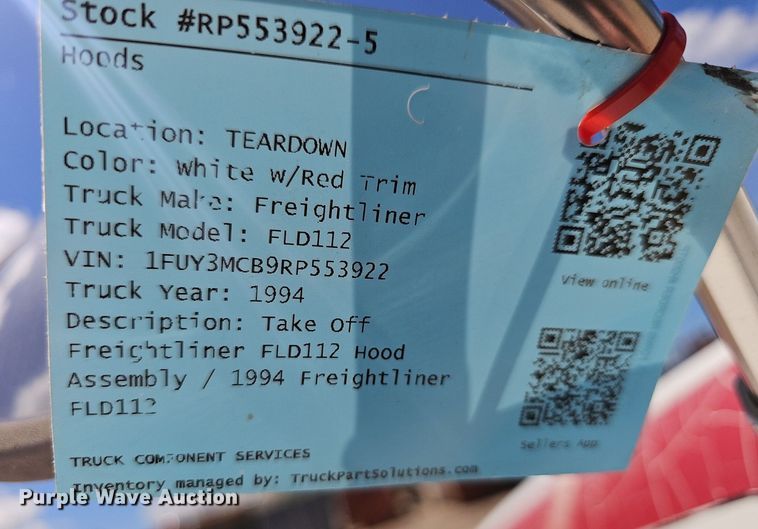 image for item EJ5428 1994 Freightliner  FLD112 truck hood