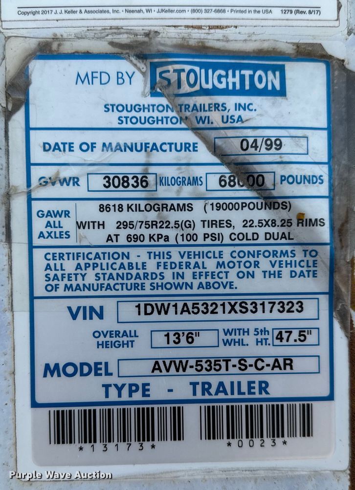 image for item NL9835 1999 Stoughton  AVW-535T-S-C-AR dry van trailer