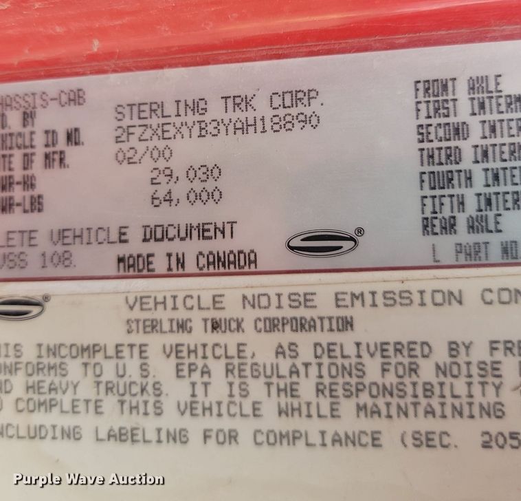 image for item NZ9834 2000 Sterling LT9500 log loader truck