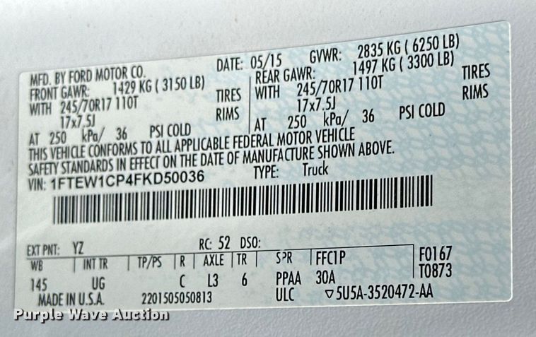 image for item DK6615 2015 Ford F150 SuperCrew pickup truck