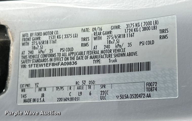 image for item DK6617 2017 Ford F150 SuperCrew pickup truck