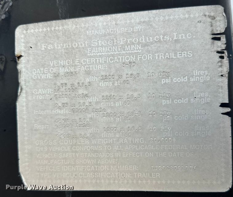 image for item DP8392 1979 Fairmont Steel Products equipment trailer