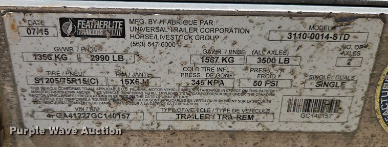 image for item EI3746 2016 Featherlite 3110-0014-STD utility trailer