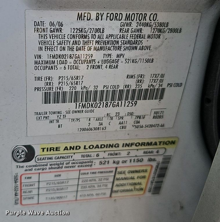 image for item EJ5538 2007 Ford  Freestyle SEL SUV