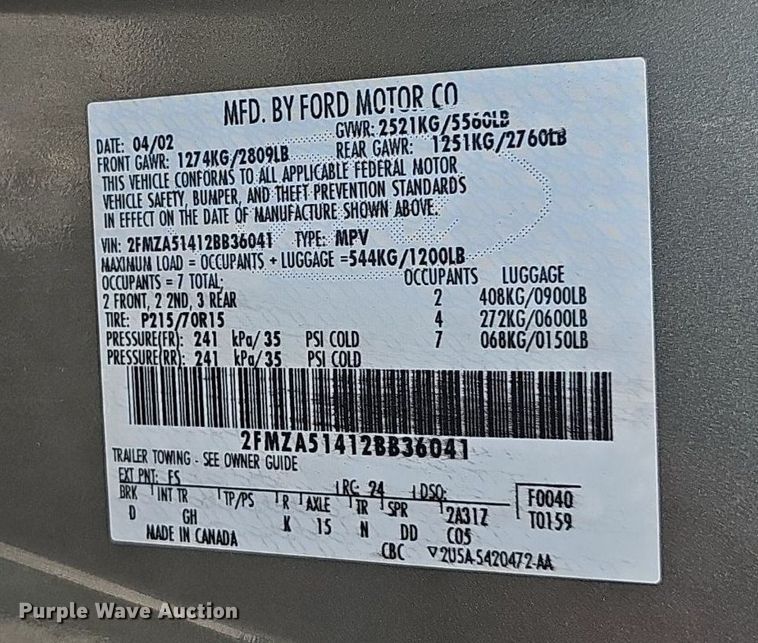 image for item EJ5545 2002 Ford Windstar LX van