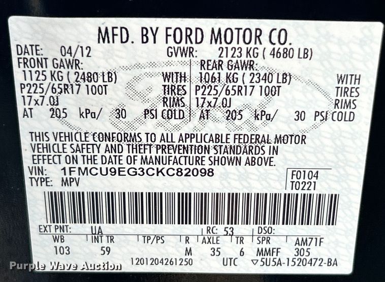 image for item EK4644 2012 Ford Escape Limited  SUV