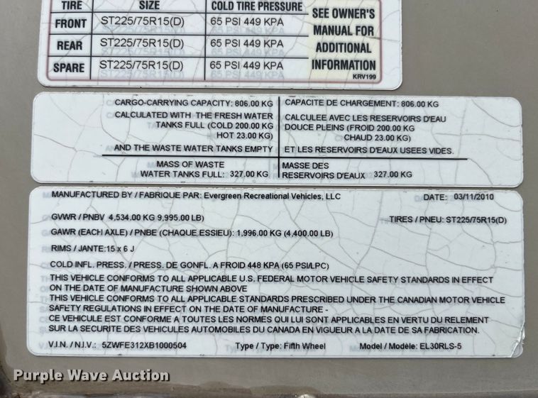 image for item EK8520 2011 Evergreen EL30RLS-5 camper