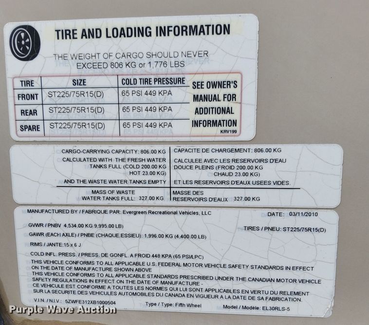 image for item EK8520 2011 Evergreen EL30RLS-5 camper