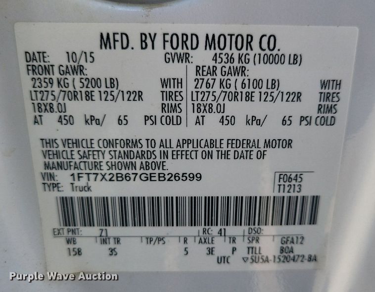 image for item KB9019 2016 Ford F250 Super Duty XLT SuperCab pickup truck