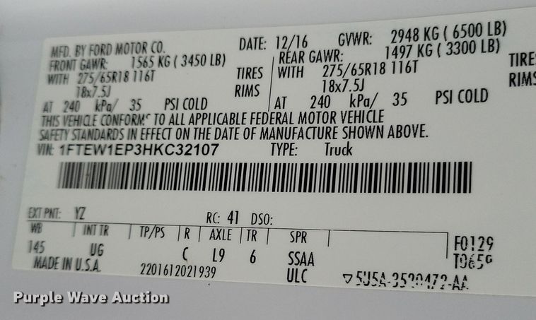 image for item KB9053 2017 Ford F150 Crew Cab pickup truck