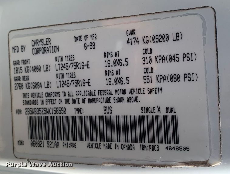 image for item KX9997 1998 Dodge Ram 3500 van