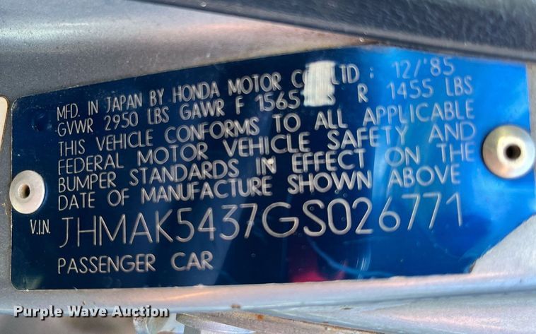 image for item MN9322 1986 Honda Civic 