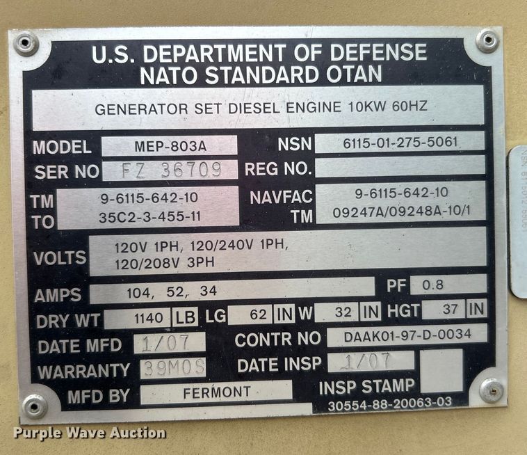 image for item NB9421 2007 Otan MEP-803A generator