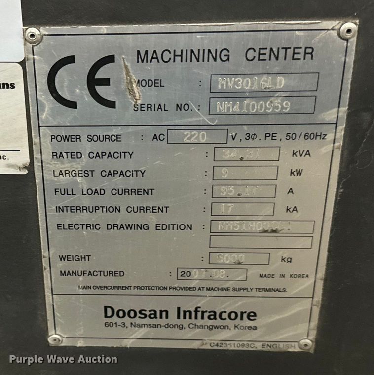 image for item NL9807 2007 Doosan MV3016LD vertical machining center