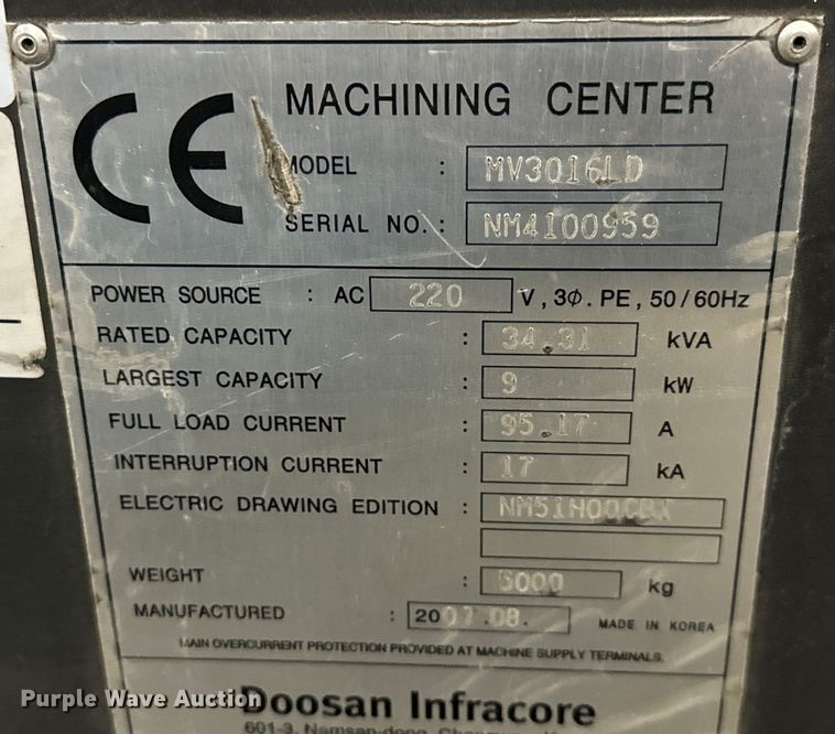 image for item NL9807 2007 Doosan MV3016LD vertical machining center