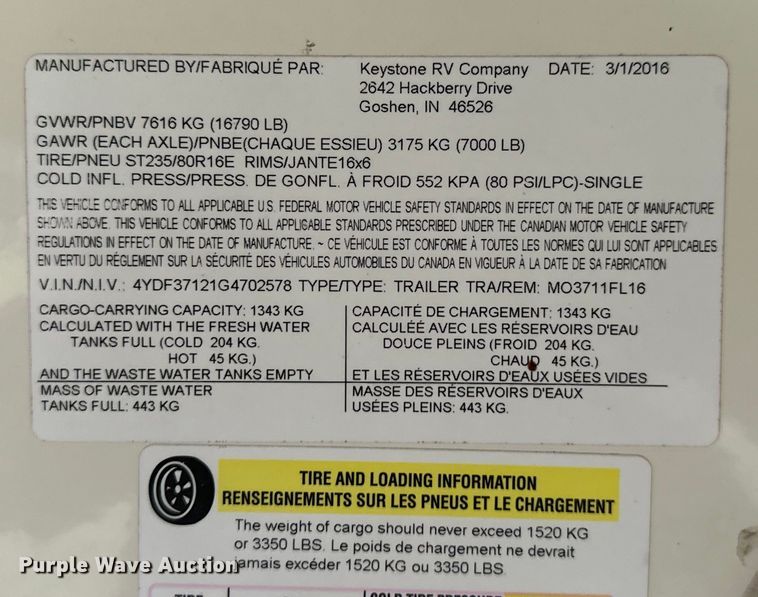 image for item NR9967 2016 Keystone  Montana 3711FL camper