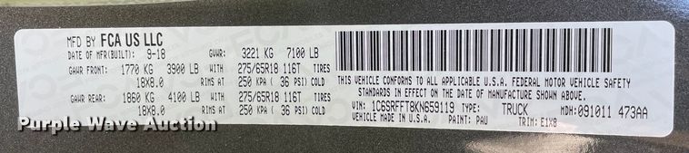 image for item OG9988 2019 Dodge Ram 1500 Crew Cab pickup truck