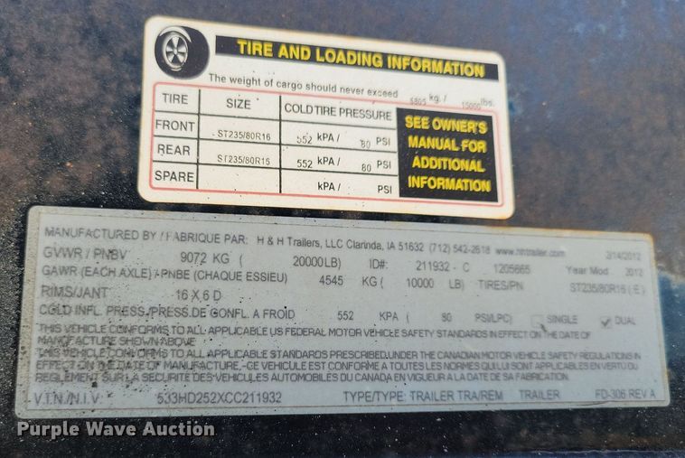 image for item DG0606 2012 H&H FD-306 equipment trailer