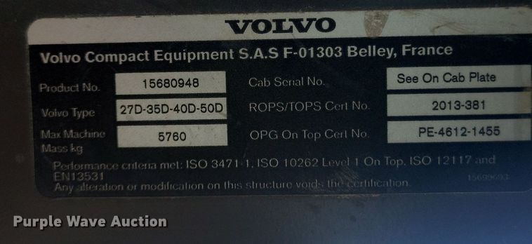 image for item DG0613 2018 Volvo ECR40D mini excavator