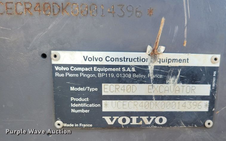 image for item DG0613 2018 Volvo ECR40D mini excavator