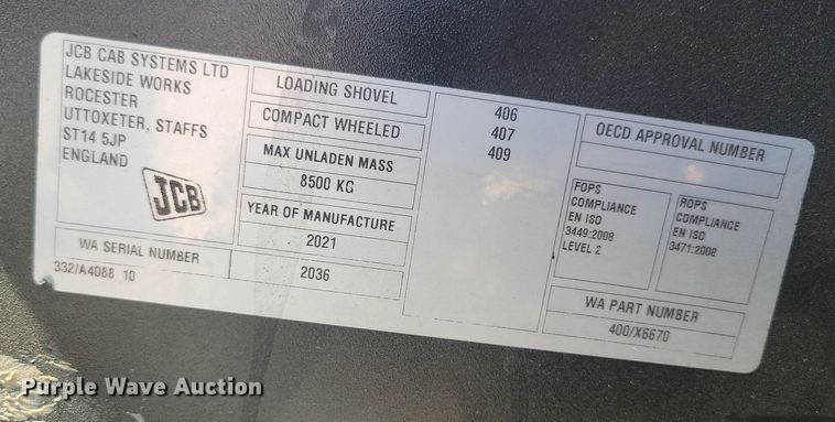 image for item DG0614 2021 JCB 407 wheel loader